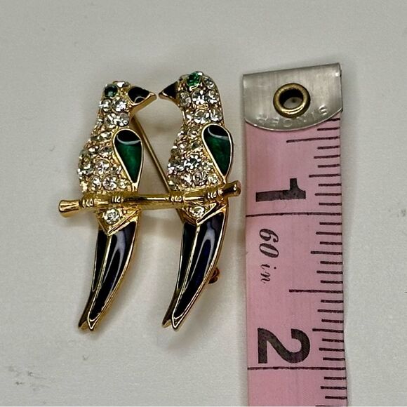 Vtg Erwin Pearl Parrot Brooch for Saks Fifth Ave Rhinestone Enamel Lovebirds Pin - Picture 7 of 8